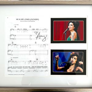 Amy Winehouse, 100% Guaranteed Hand Signed Songsheet/Photo Presentation - With AFTAL Member COA - Quality Framed 50cm x 40cm.