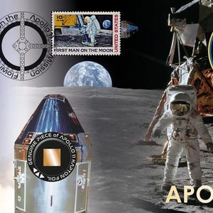 Può includere: Un collage di immagini relative alla missione Apollo 11. Include un lancio di razzo, un modulo lunare, un astronauta sulla luna, un francobollo commemorativo e una toppa con un'aquila e la Terra. Il testo include "Flown in Space on the Apollo 11 Mission" e "Apollo 11".