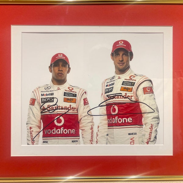 Lewis Hamilton And Jenson Button RARE Formula 1 McLaren 100% Guaranteed Hand Signed Photo - With COA. Gold Effect Framed (40cm x 30cm).