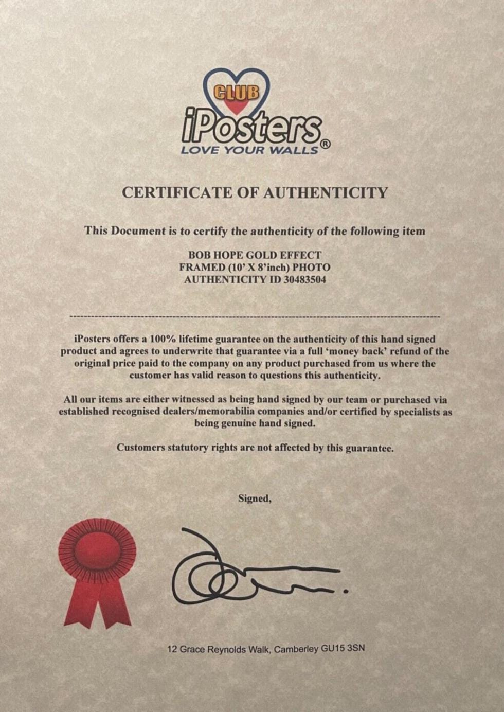 ボブ・ホープの希少な見事な本物100%保証の直筆サイン入り写真、額入り