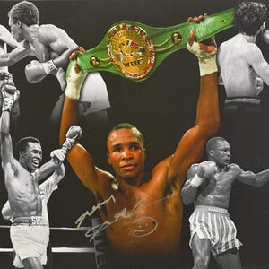 Sugar Ray Leonard - Former Undisputed Multiple World Boxing Champion Stunning Framed Hand Signed Canvas Presentation 60cm x 45cm & AFTAL COA