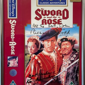 Richard Todd, RARE Stunning Genuine 100% Guaranteed Hand Signed &#39;The Sword And The Rose&#39; Video Cover - With COA, Silver Framed.