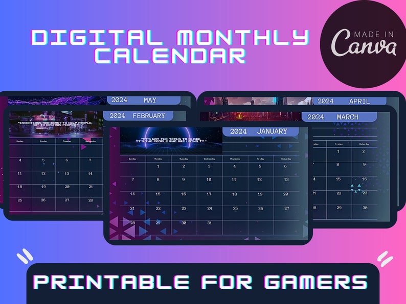 Calendar Cyberpunk Digital Gamer Template Canva Printable Etsy