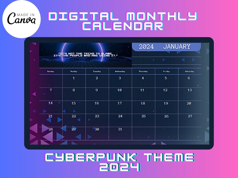 Calendar Cyberpunk Digital Gamer Template Canva Printable Etsy