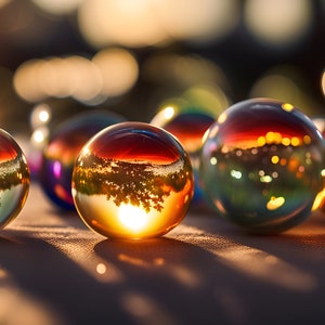 May include: Five glass spheres reflecting a sunset with a blurred background of lights. The spheres are arranged in a row on a brown surface.