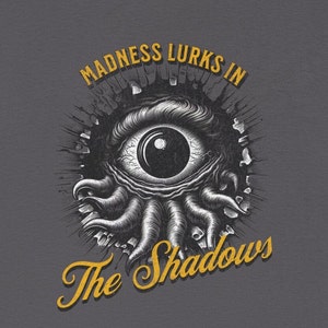 May include: A graphic design with a large eye and tentacles emerging from a cracked wall. The text "Madness Lurks in The Shadows" is written in a stylized font.