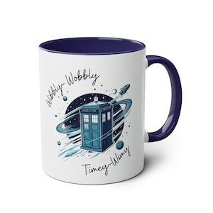 Who Dr Doctor Inspired Gift Mug, Wibbly Wobbly Timey Wimey Tardi Blue Police Box Time Machine