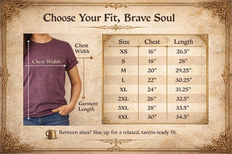 K&ouml;nnte beinhalten: Burgunderfarbenes T-Shirt mit Gr&ouml;&szlig;entabelle. Die Tabelle listet Gr&ouml;&szlig;en von XS bis 4XL, Brustumf&auml;nge von 40.6 cm bis 76.2 cm und L&auml;ngen von 67.3 cm bis 87.6 cm. Text: "Choose Your Fit, Brave Soul."