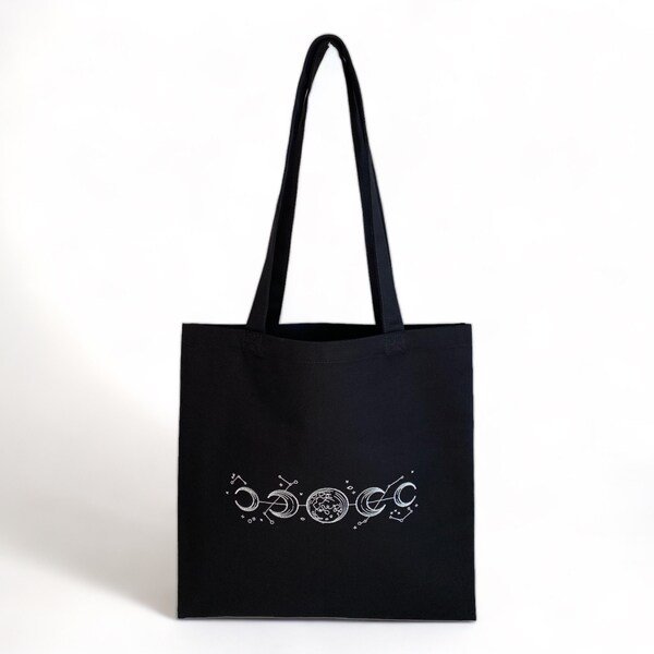 Moon phases embroidered tote bag, tote bag noir, cabas coton noir, brod sac, sac personnalisé