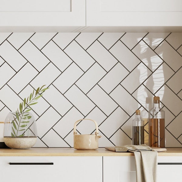 Black White Herringbone Wallpaper, Kitchen or Bathroom Tile Peel and Stick Wallpaper