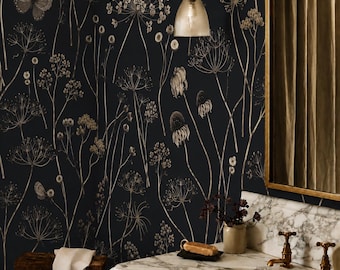 Dark Botanical Peel and Stick Wallpaper | Minimal Branches Floral Removable Wall Mural