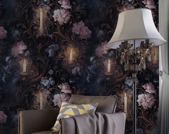 Victorian Dark Floral Mystic Peel and Stick Wallpaper, Dark Rococco Mysterious Light Charm Candle, Dark Academia Rose Removable Wall Decor