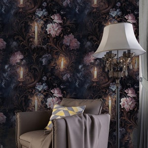 WALLPAPER| Victorian Dark Floral Mystic Peel and Stick Wallpaper, Dark Rococco Mysterious Light Charm Candle, Dark Academia Rose Wall Decor