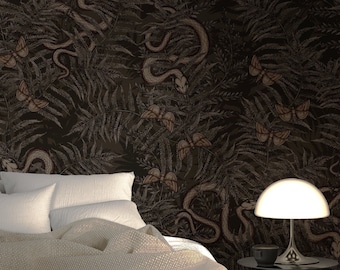 Botanical Snake & Moth Wallpaper | Dark Academia Gothic Canvas Peel and Stick Mural
