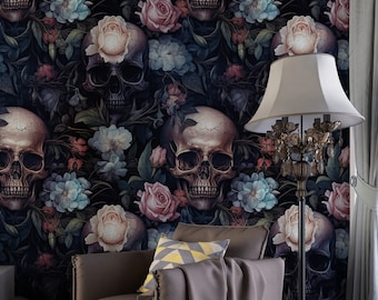 Skull and Flowers Peel and Stick Wallpaper: Dark Gothic Rococo Wall Decor