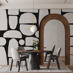 Large Modern Abstract Black and White Wallpaper, Dark Geometric Rounded Peel and Stick, Bedroom, Dining Room, Enrtway or Laundry