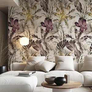 Modern Beige Tropical Leaves Wallpaper, Botanical Green Bathroom, Bedroom Peel and Stick Wall Mural, Home Decor