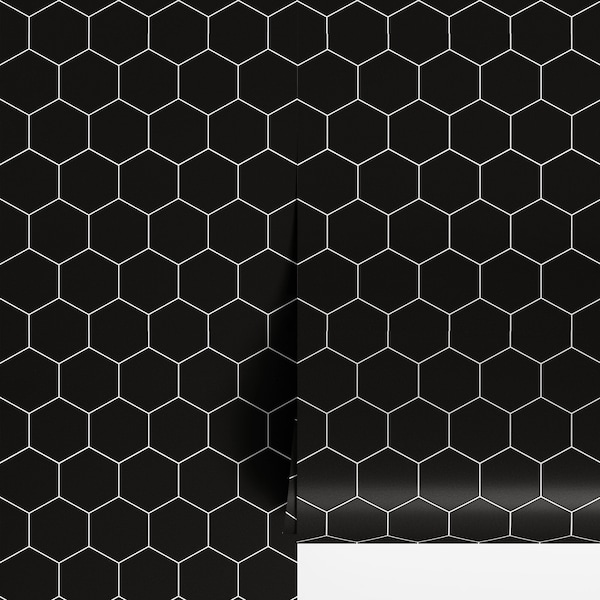 Black White Hexagon Wallpaper, Bathroom or Kitchen Tile Peel and Stick Wallpaper