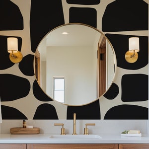 Elegant Large Abstract Black and Beige Wallpaper,Modern Rounded Dark Large Geometrical Shapes, Kitchen or Bedroom or Dining Room Wallpaper