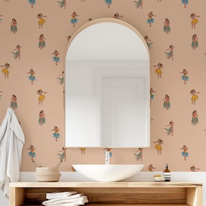 Bohem Hawaiian Dancing Girls on a Beige Background Wallpaper, Bohem Aloha Summery Peel and Stick Wall Decor
