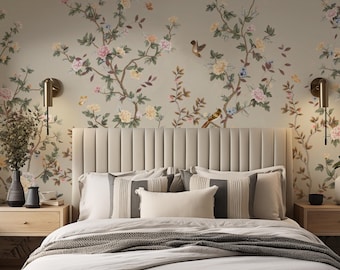Beige chinoiseriebehang, takken en vogels bloemen Peel Stick muurdecoratie