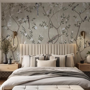Papel pintado chinoiserie beige con ramas y pájaros, decoración de pared con diseño floral despegable.