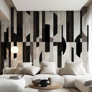 Carta da parati a mosaico bianco e nero, elegante decorazione da parete per camera da letto con linee geometriche Art Déco, moderna decorazione murale astratta grigia