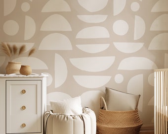 Boho Beige Geometric Wallpaper: Minimal Rounded Lines, Peel and Stick