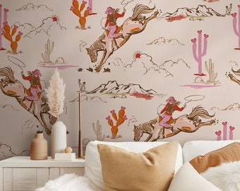 Cowgirl Vanilla Wild Western Girl Peel and Stick Wallpaper, Howdy Pink Woodland Rodeo and Cactus Nursery Children Neutral Vintage Wallpaper