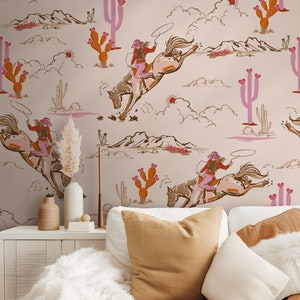 Cowgirl Vanilla Wild Western Girl Peel and Stick Wallpaper, Howdy Pink Woodland Rodeo and Cactus Nursery Children Neutral Vintage Wallpaper