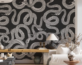 Large Black and White Snake Peel and Stick Wallpaper, Modern Contemporary Dark Gothic and Mysterious Removable, Snake Wall Decor Room