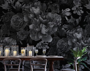 Midnight Dark Gray Floral Peel and Stick Wallpaper, Large Bedroom Floral Wallpaper, Black Grey Peonies Rose Wallpaper, Luxury Contemporary