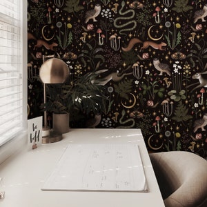 Dunkle Waldbraun Magischer Stern und Mystische Aura Schlange Tapete, Kinderzimmer Jungen oder Mädchen Tiere und Eule Tapete, Kinder Boho Schlafzimmer