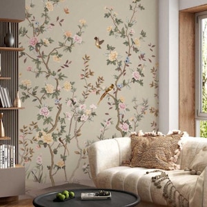 Beige Chinoiserie Wallpaper, Branches and Birds Floral Peel Stick Wall Decor