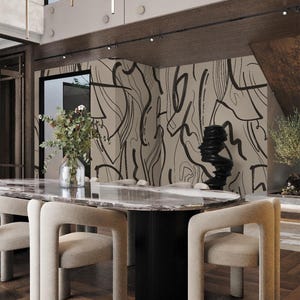 Contemporary Abstract Line Wallpaper – Modern Black and Beige Geometric Wall Mural