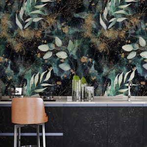 Dark Botanical Garden Wallpaper, Modern Green Leaves Bathroom, Bedroom Wall Decor