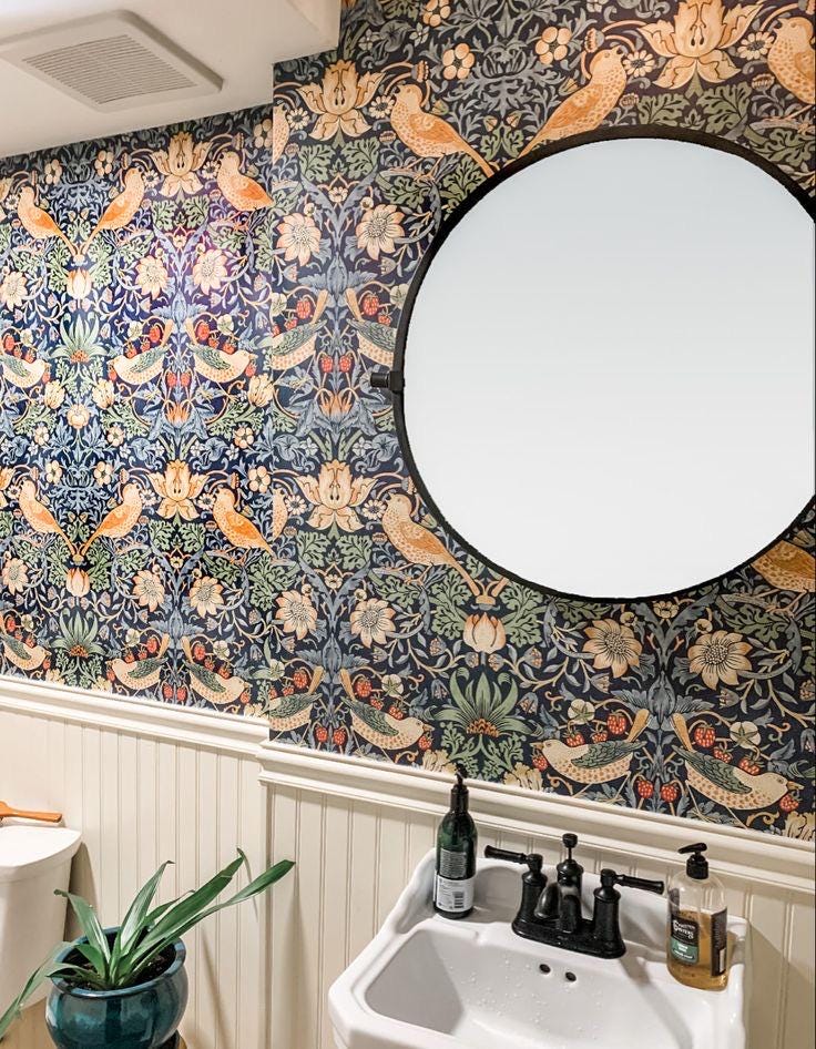 Modern William Morris Wallpaper, Navy Blue Birds and Floral Bathroom ...