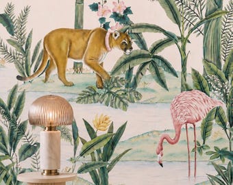 Papel pintado tropical de lujo con flamencos y jaguares rosa suave – Mural de pared del bosque de Palm Beach