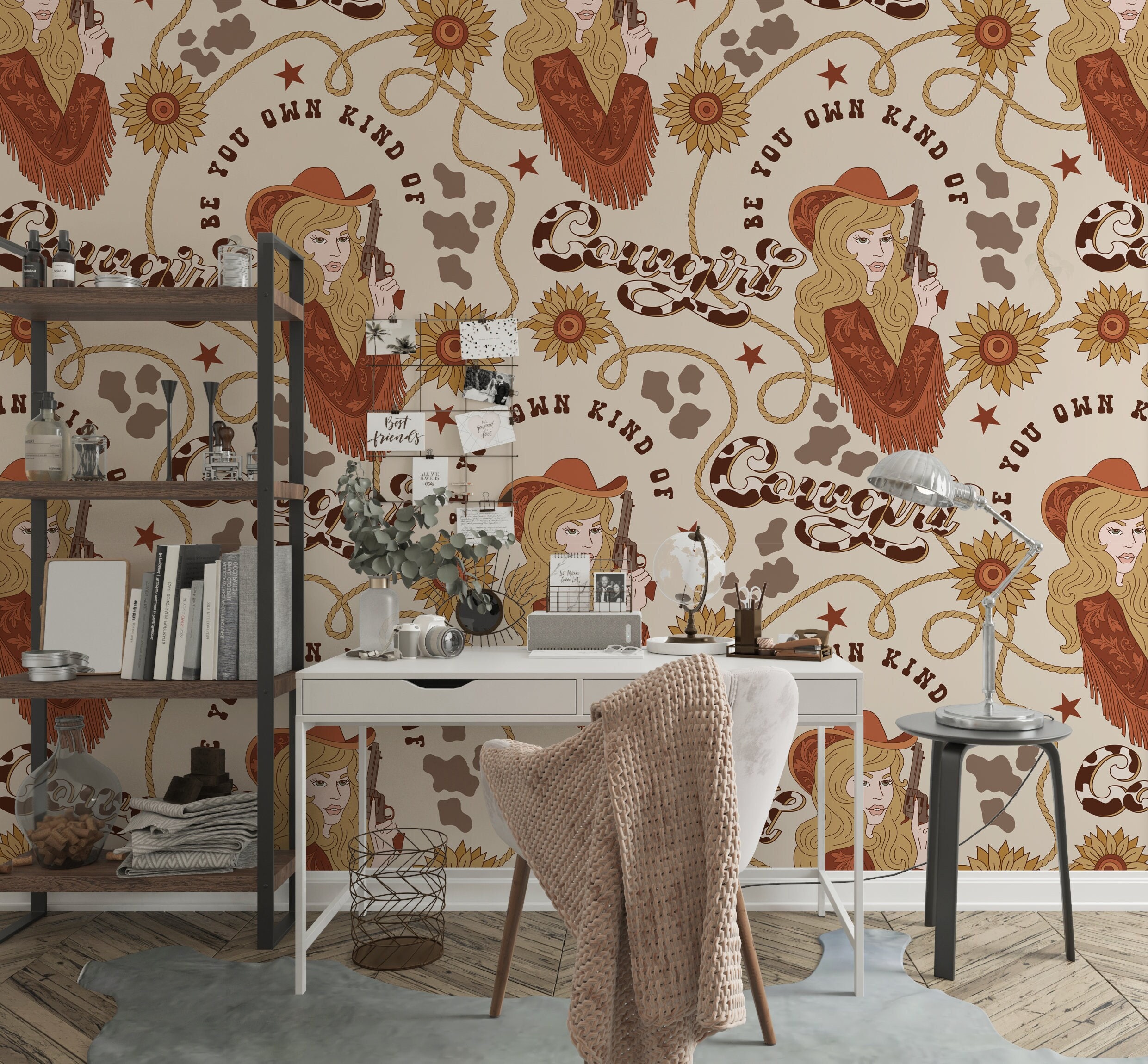 Cowgirl Western Boho Peel and Stick Wallpaper, Howdy Beige Woodland ...