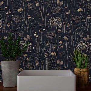 Carta da parati floreale Minimal Dark Branches, carta da parati botanica beige nera, staccabile e attaccabile o rimovibile