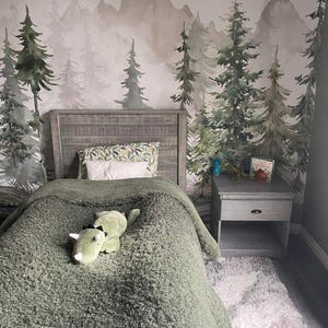 Papel pintado autoadhesivo con diseño de bosque y acuarela verde militar para bebé, para habitación de niño o niña, con paisaje invernal y bosque.