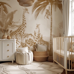Papel pintado beige bohemio safari con jirafa del bosque: mural autoadhesivo neutro para habitación infantil.