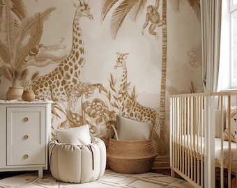 Beige Boho Safari Woodland Giraffe Wallpaper – Neutral Nursery Self Adhesive Wall Mural