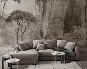 Classic Vintage Foggy Forest Landscape Wallpaper – Gray Misty Trees Interior Wall Decor