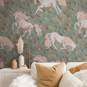 Carta da parati con unicorno pastello per bambina da staccare e incollare, moderna e carina Wate verde e bianco verde per bambina o bambino autoadesiva