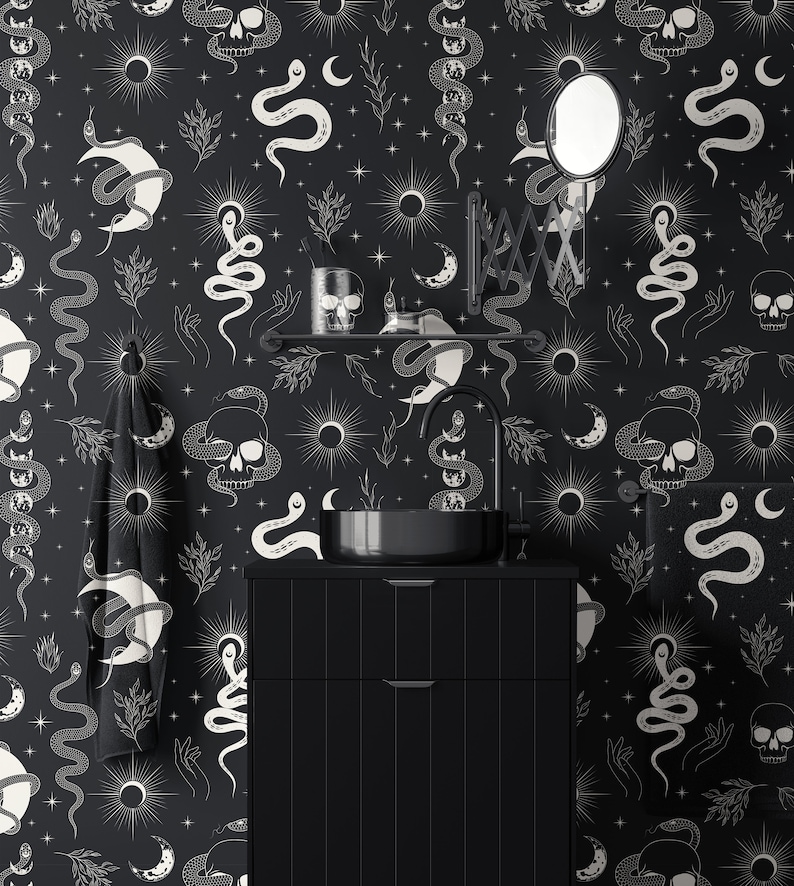 Dark Mysterious Wallpaper Mystical Moon Skull and Snake Peel - Etsy