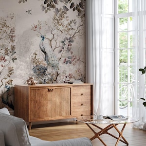 Beige Chinoiserie Pfau Tapete, Zweige und Vögel Floral Peel Stick Wanddekor