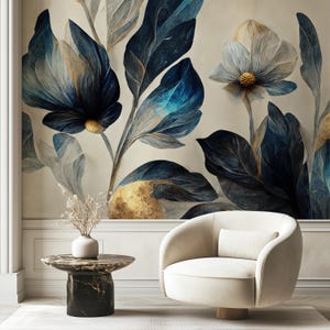 Carta da parati floreale con pittura a olio, carta da parati moderna con effetto marmo botanico blu e bianco, decorazione da parete