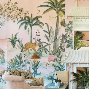 Papel de parede tropical Palm Beach, flamingo e árvores, floresta moderna, rosa, peeling, bastão, botânico, paisagem, decoração de casa