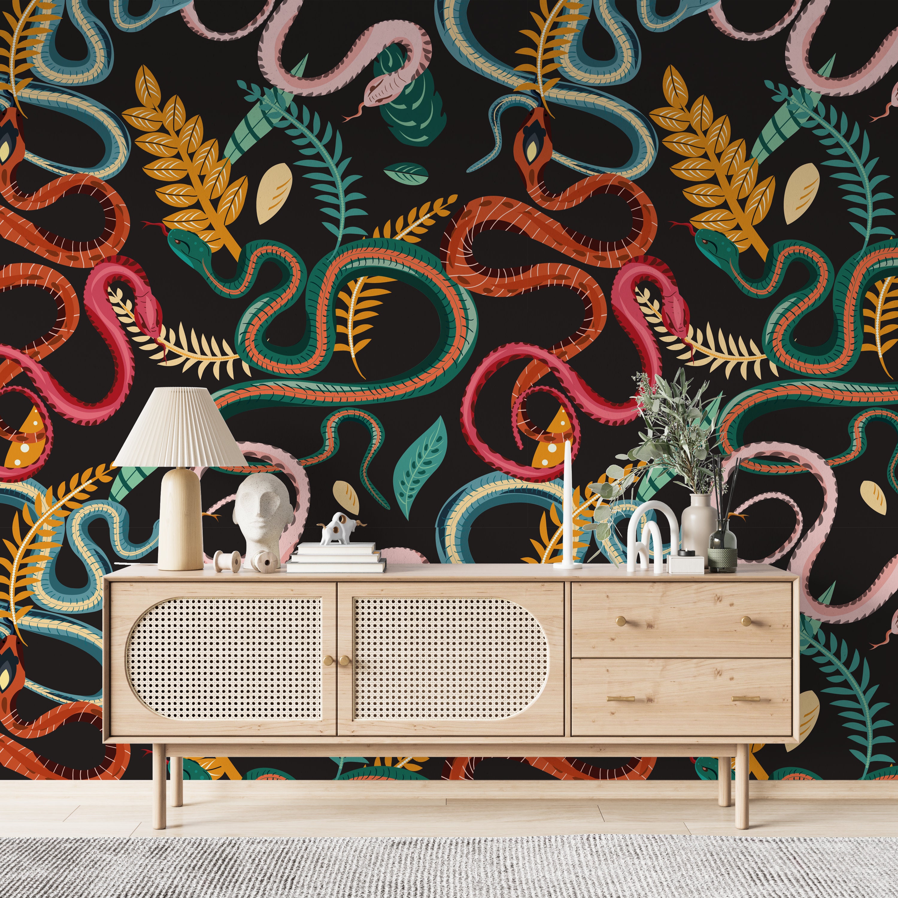 Contemporary Dark Background Colorful Snake Peel and Stick Wallpaper